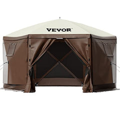 VEVOR野营凉亭帐篷，10'x10'，六边形弹出式遮阳篷屏风帐篷，适用于8人野营，防水屏风庇护所，配有便携式收纳袋，地面桩，网眼窗户，棕色和米色。