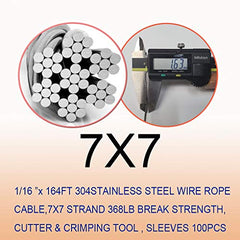 304不锈钢电缆钢丝绳 1/16 x 164英尺 带切割工具和压套工具以及100个压套