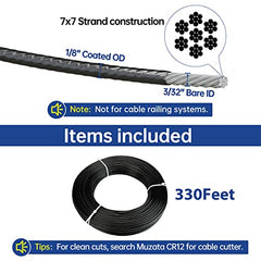 330英尺 长度的黑色乙烯基涂层钢丝绳，直径从3/32英寸至1/8英寸，不锈钢飞机钢丝绳，适用于室内室外，7x7 绞线，可用于晾衣绳、吊线等。
