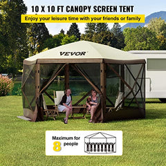 VEVOR野营凉亭帐篷，10'x10'，六边形弹出式遮阳篷屏风帐篷，适用于8人野营，防水屏风庇护所，配有便携式收纳袋，地面桩，网眼窗户，棕色和米色。