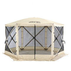 CLAM Quick-Set Escape 11.5 x 11.5 Foot Portable Pop-Up Outdoor Camping Gazebo Screen Tent 6 Sided Canopy Shelter with Ground Stakes & Carry Bag, Tan