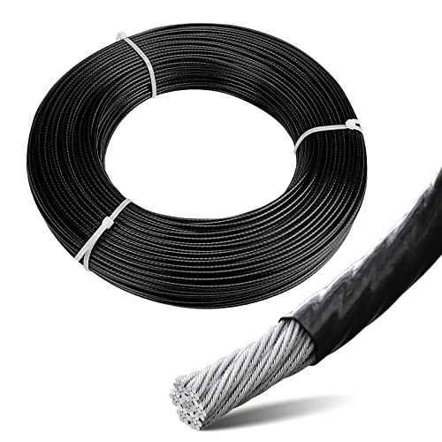 Muzata 330feet Wire Rope Black Vinyl Coated 3/32inch Thru 1/8inch Stainless Steel Aircraft Cable Outdoor Indoor 7x7 Strand Clotheline String Hanging DIY WR11 WP1
