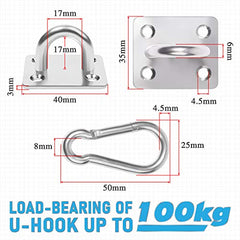 4 PCS M6 Premium Heavy Duty Square Stainless Steel Pad Eye Hooks + 4PCS Snap Hooks and 16 PCS Screws with 16 PCS Plastic Expansion Tube, Ceiling Hooks Heavy Duty for Outdoor Indoor Activity