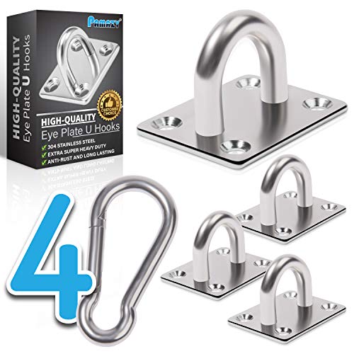 4 PCS M6 Premium Heavy Duty Square Stainless Steel Pad Eye Hooks + 4PCS Snap Hooks and 16 PCS Screws with 16 PCS Plastic Expansion Tube, Ceiling Hooks Heavy Duty for Outdoor Indoor Activity