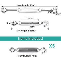 Muzata 5Pack M4 Hook and Eye Turnbuckle for Cable Wire Rope Tension Heavy Duty T304 Stainless Steel for DIY String Light Picture Hanging Tension Wire Kit CN09