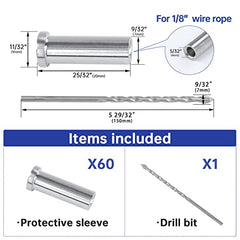 Muzata 60Pack Stainless Steel Protective Sleeves Cable Railing Kit Hardware for Wood Posts for 1/8" Wire Rope Cable T316 Marine Grade Deck Railing CR13,CP1