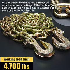 AYMMIC Transport Binder Chain,Tow Chain with 5/16'' x16',Grade 70,with Clevis Grab Hooks,4,700 lbs Working Load Limit,Tow Chain Tie Downs for Flatbed Trailers or Truck (2Pack)