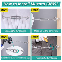 Muzata 5Pack M4 Hook and Eye Turnbuckle for Cable Wire Rope Tension Heavy Duty T304 Stainless Steel for DIY String Light Picture Hanging Tension Wire Kit CN09