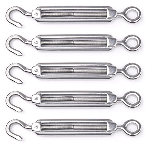 Muzata 5Pack M4 Hook and Eye Turnbuckle for Cable Wire Rope Tension Heavy Duty T304 Stainless Steel for DIY String Light Picture Hanging Tension Wire Kit CN09