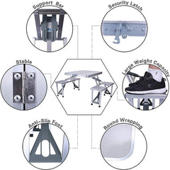 Portable Folding Aluminum Suitcase Table Chair Set Camping Picnic Table with 4 Seats Umbrella Hole for Party BBQ Beach Fishing