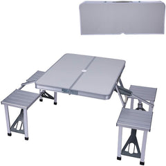 Portable Folding Aluminum Suitcase Table Chair Set Camping Picnic Table with 4 Seats Umbrella Hole for Party BBQ Beach Fishing